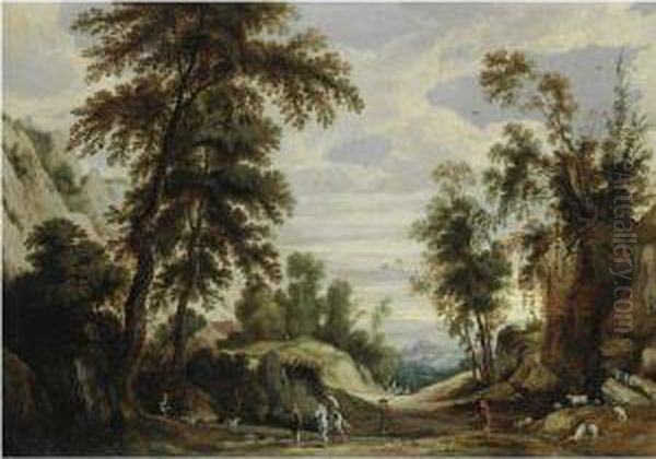 An Extensive Mountainous 
Landscape With A Horseman And Shepherdswith Their Flock On A Path Oil Painting by Jan Wildens