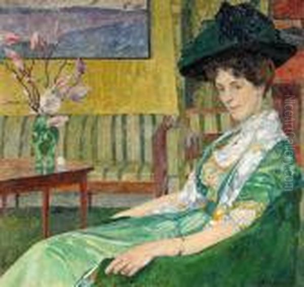 Interior Med Dam I Gron Klanning - Portratt Av Fru Magda Mellgren Oil Painting by Carl Wilhelm Wilhelmson