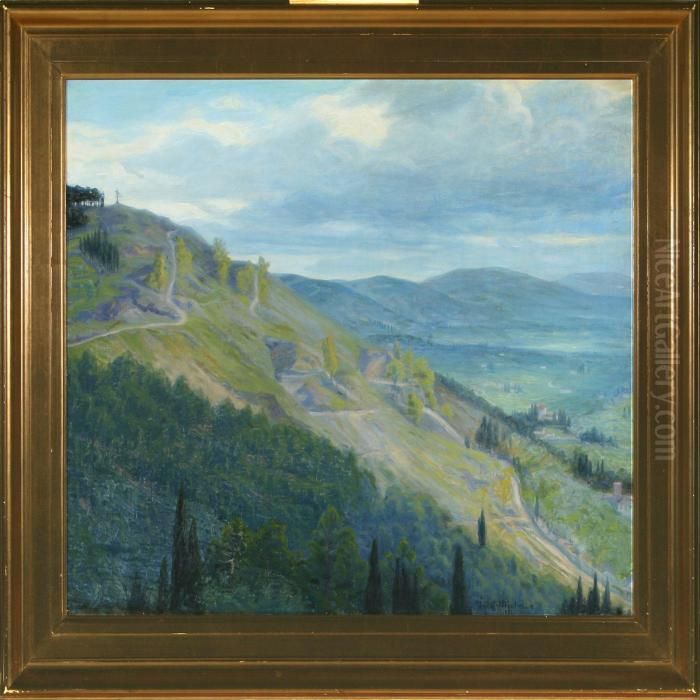 A View Over Asouthern Mountain Landscape Oil Painting by Johannes Martin Fastings Wilhjelm