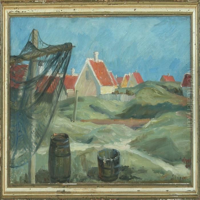 Sunny Landscape With Yellow Skagen Houses Oil Painting by Johannes Martin Fastings Wilhjelm
