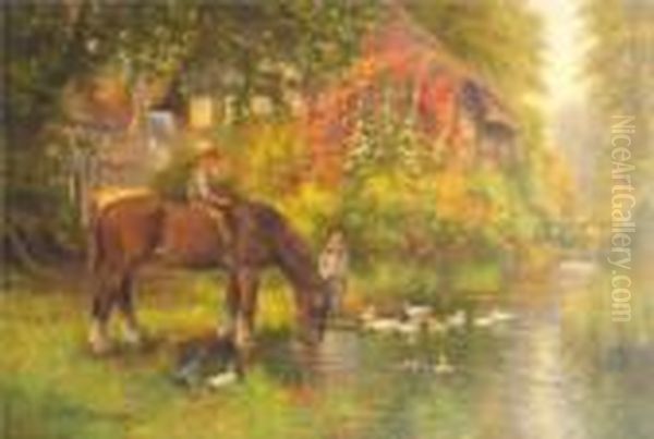 A Man On Horseback Watering With
 Children And Ducks In A Pond And Timbered Buildings Beyond Oil Painting by Arthur Stanley Wilkinson