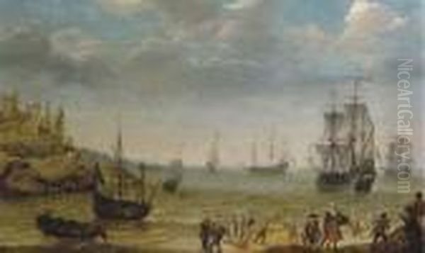 A Rocky Coastal Scene With 
Fisherfolk Bringing In Their Catch, A Man-of-war And Other Shipping 
Offshore Oil Painting by Abraham Willaerts