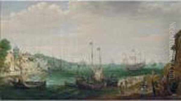 A Coastal Landscape With Fishing
 Boats, Men-of-war And Other Shipping, Fishermen Unloading Their Catch 
And A Fortified Town On The Left In The Foreground Oil Painting by Adam Willaerts