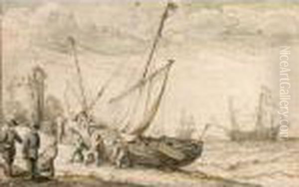 Fisherfolk Hauling Their Boat 
Onto The Shore, With Shipping Behind And A Tower To The Left Oil Painting by Adam Willaerts