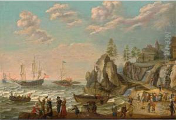 A Coastal Landscape With A 
Galley, An English Galley Frigate, A Fisher Pink, And A Rowing Boat On 
Choppy Waters, Fishermen Unloading And Selling Their Catch On The Beach 
Near A Village Oil Painting by Isaac Willaerts