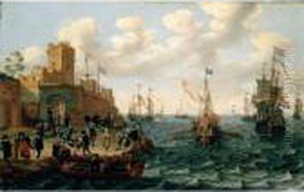 A Coastal Landscape With Dutch 
Men Of War And Barges Off The Coast, Orientals And Other Figures Before 
The Walls Of A Town In The Foreground Oil Painting by Isaac Willaerts