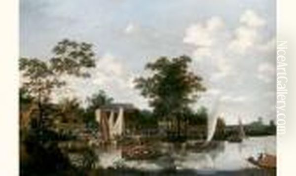 Riviere D'une Petite Ville En 
Hollande Avec Des Promeneurs Sur La Berge Et D'autres En Barques. Oil Painting by Isaac Willaerts