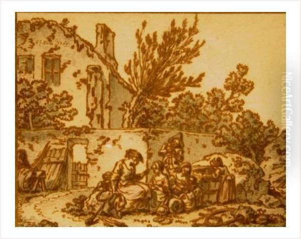 Personnages Devant Une Ferme Oil Painting by Johann Georg Wille