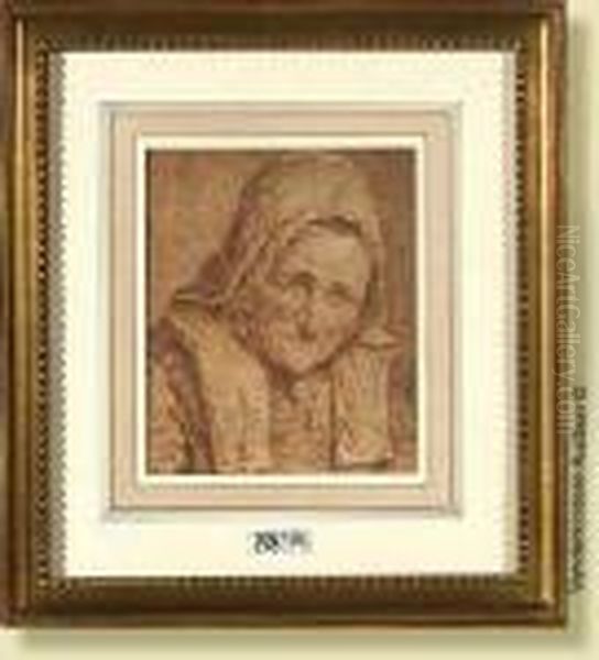 Tetede Vieille Femme Coiffee 
D'un Bonnet, Sauguine Brulee Sur Papier.par Pierre Alexandre Wille. 
Ecole Francaise. (oeuvre Gravee Pargeorges Wille, Le Pere De Pierre 
Alexandre). Dim.: 15,5x12,5cm. Oil Painting by Pierre-Alexandre Wille