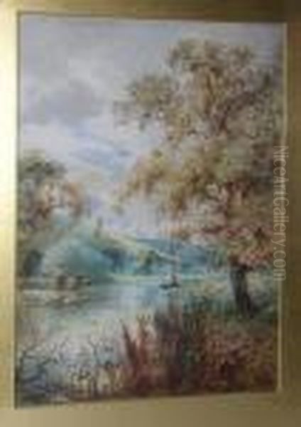 A Dinghy Moored Up In A River Landscape Oil Painting by Arthur Willett