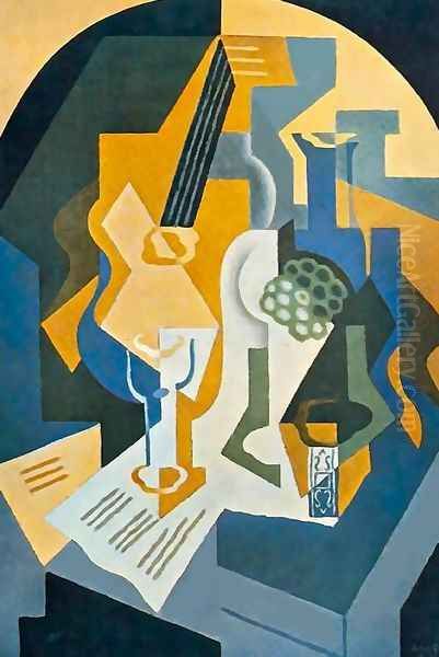 Still life w fruit and mandolin Oil Painting by Juan Gris