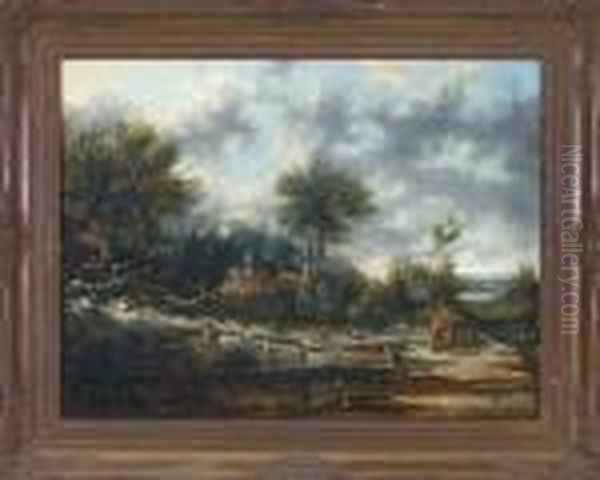 Angler Vor Einem Gehoft Am 
Waldrand In Weiter Bewolkter Landschaft, Rechts Eine Wanderin Mit Kind 
Und Hund Oil Painting by Edward Jr Williams