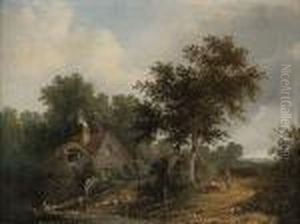 Crossing The Stream; A Wayside Chat Oil Painting by Edward Jr Williams