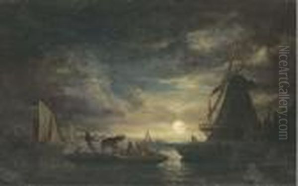 Cattle On A Barge In A Moonlit 
Landscape; And Cattle And Sheep In Amoonlit Estuary Landscape Oil Painting by Edward Jr Williams