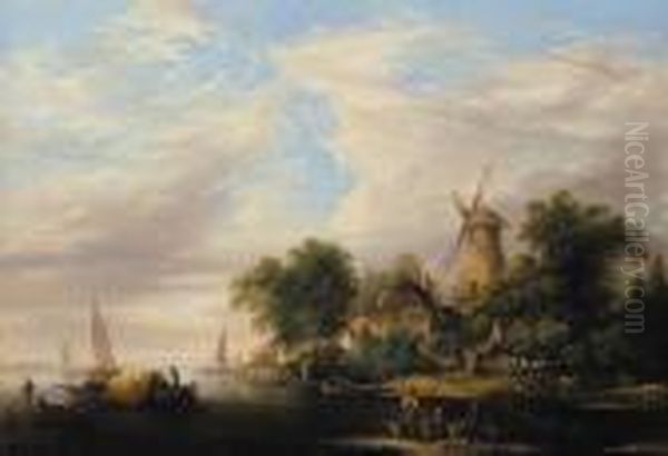 A River Estuary With A Windmill 
And Cottages, Boats In The Foreground And Cattle Watering At The River 
Edge Oil Painting by Edward Jr Williams