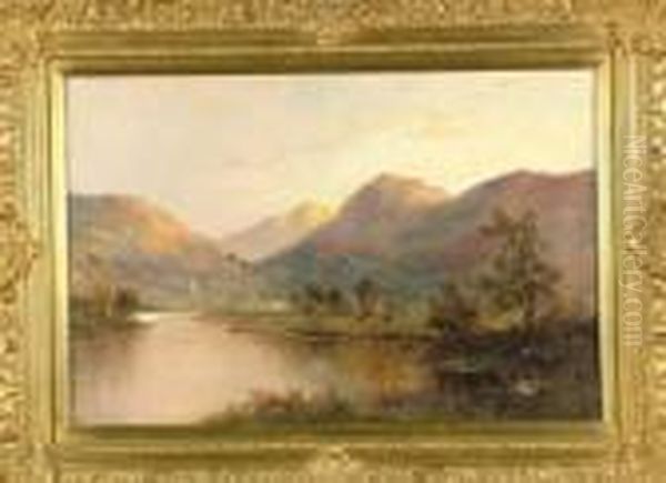 A Highland Glen With Cattle And A
 Cottage By A River In The Foreground And Late Afternoon Sun On The 
Hills Beyond Oil Painting by Graham Williams