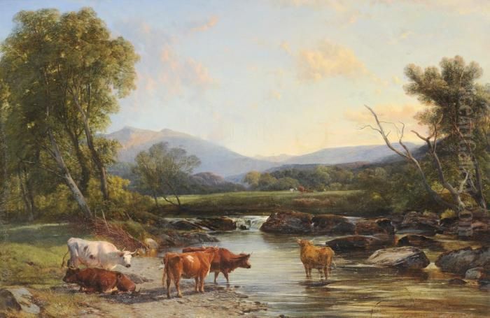 Cattle Beside A River With A Lakeland Landscape Beyond Oil Painting by Henry Brittan Willis, R.W.S.