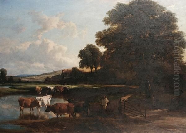 Drover With Cattle Watering Oil Painting by Henry Brittan Willis, R.W.S.