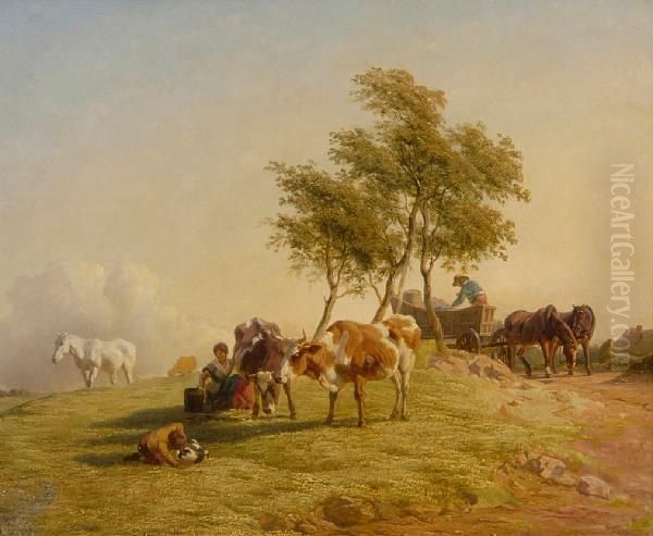 Rural Scene With Cows, Figures And Horses Oil Painting by Henry Brittan Willis, R.W.S.