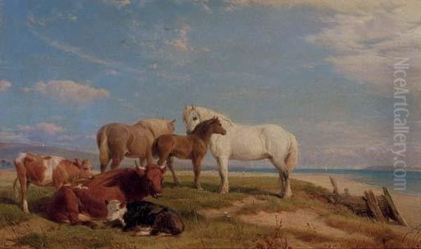Cattle And Horses Resting Beside A Beach Oil Painting by Henry Brittan Willis, R.W.S.