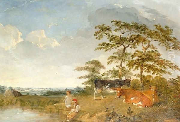 Children Fishing With Cattle In The Background Oil Painting by Henry Brittan Willis, R.W.S.