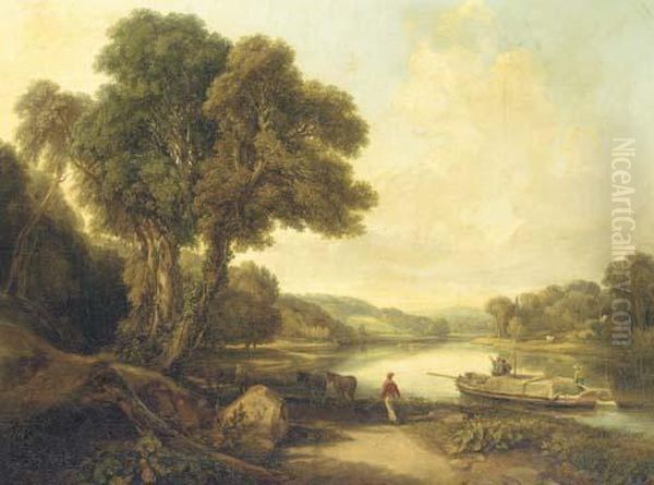 Figures Towing The Barge Pennsylvania Upstream In A Riverlandscape Oil Painting by Henry Brittan Willis, R.W.S.