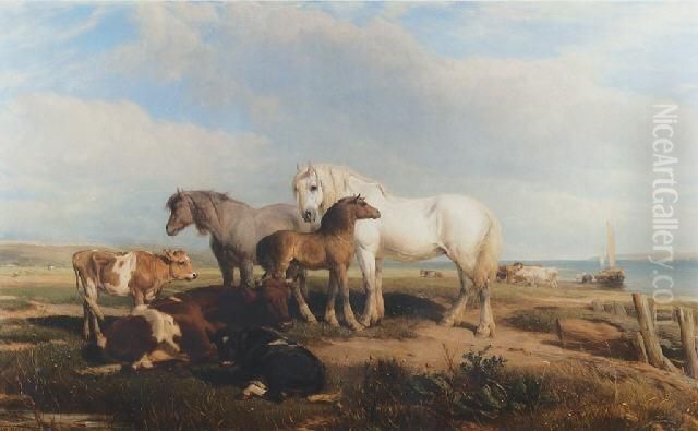 Horse And Cattle On The Shore Oil Painting by Henry Brittan Willis, R.W.S.