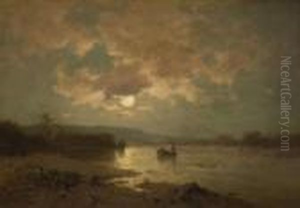 Nachtliche
 Flusslandschaft Oil Painting by Josef Willroider