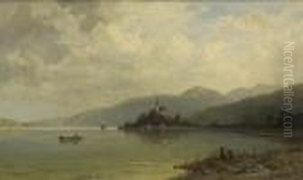 Der Worthersee Mit Der Kirche
 Maria Worth Von Nordwesten. Oil Painting by Josef Willroider