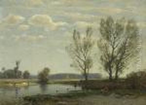 Moorlandschaft Mit
 Storchen Oil Painting by Ludwig Willroider