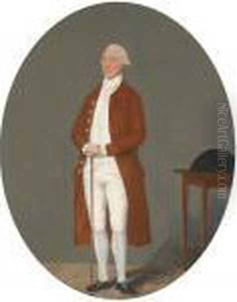Portrait Of A Gentleman, 
Full-length, In A Brown Coat And Whitewaistcoat And Breeches, Holding A 
Cane, A Tricorn On A Table Besidehim Oil Painting by Benjamin Wilson