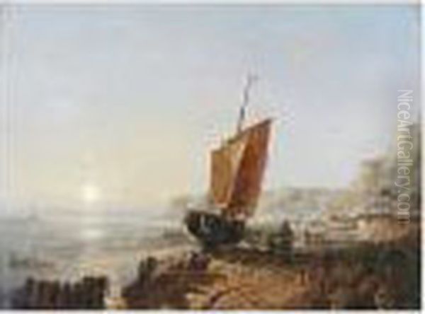 Fishing Village By Sunset Oil Painting by John Jock Wilson