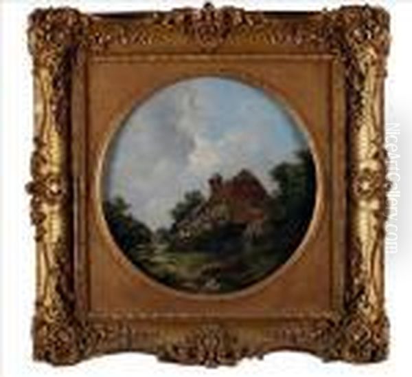 Figures Before Cottages Oil Painting by John James Wilson