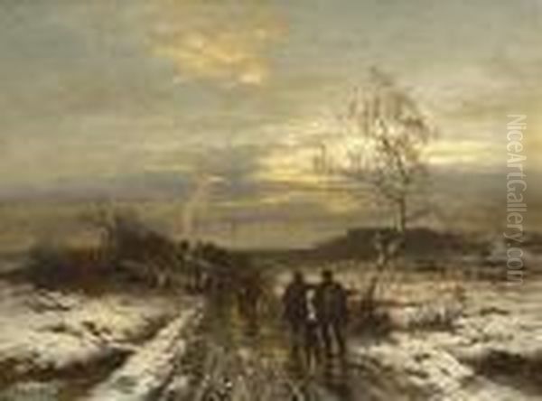 Heimkehrende Jager In
 Winterlandschaft. Oil Painting by Conrad Wimmer