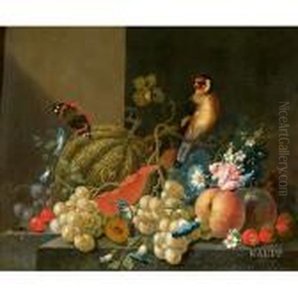 Uppiges Allegorisches Stillleben
 Mit Reifen Kurbissen,trauben Und Auf Ihren Ranken Thronendem Stieglitz Oil Painting by Johann Amandus Winck