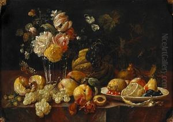 A Still Life With Flowers In A 
Glass Vase, A Lemon, Cherries And Other Fruit In A Porcelain Vase With 
Butterflies And Other Fruit On A Ledge; Also A Companion Still Life (a 
Pair) Oil Painting by Johann Amandus Winck