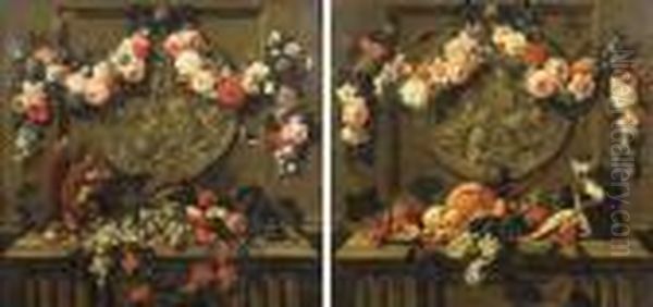 Trompe L'oeils: Garlands Of 
Flowers Hanging From Ribbons On Nails Over Feigned Sculpted Cartouches, 
Above Ledges With Fruit, A Squirrel And A Monkey Oil Painting by Johann Amandus Winck