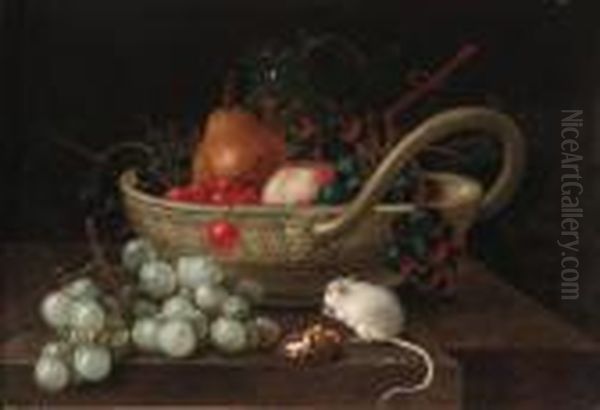 Grapes, Pears And Other Fruit In
 A Bowl, With A Mouse Eating Ahazlenut On A Ledge: And A Bowl Of Fruit 
With A Mouse Eating Awalnut On A Ledge Oil Painting by Johann Amandus Winck