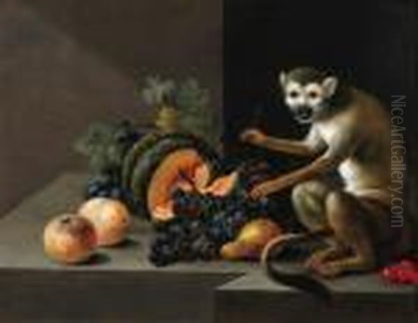 A Monkey With Grapes, Peaches, A Melon And Other Fruit On A Stoneledge
Signed With Initials And Dated 'j.a.w. 1804.' Oil Painting by Johann Amandus Winck