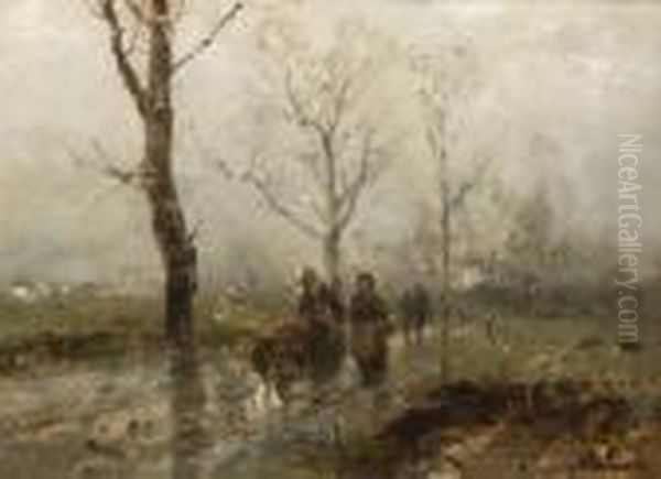 Bauern Auf Herbstlicher Strase Vor
 Dem Dorf. Oil Painting by Anton Windmaier