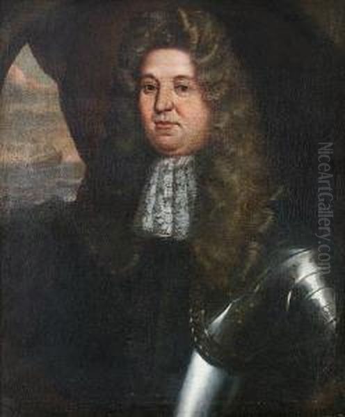 Portrait Of An Admiral, Said To 
Be Robert Blake, Half-length, In Suit Of Armour, Before A Seascape, 
Within A Painted Oval Oil Painting by William Wissing or Wissmig