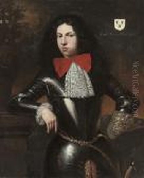 Portrait Of A Gentleman, 
Traditionally Identified As Captain Thomaswalrond, Three-quarter-length,
 In Armour, His Right Arm Resting Ona Stone Plinth Oil Painting by William Wissing or Wissmig