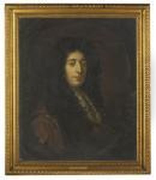 Portrait Of A Gentleman, 
Traditionally Identified As Henry Sidney, 1st Earl Of Romney 
(1641-1704), Bust-length, With A Lace Stock, In A Feigned Oval Oil Painting by William Wissing or Wissmig
