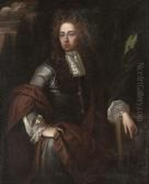 Portrait Of A Gentleman, 
Three-quarter-length, In A Grey Coat And Brown Wrap, By A Plinth, In A 
Landscape Oil Painting by William Wissing or Wissmig