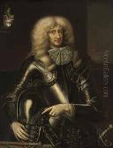 Portrait Of A Gentleman 
Traditionally Identifed As Francis Cressett (b. C.1612), 
Three-quarter-length, In Armour, Holding A Helmet Oil Painting by William Wissing or Wissmig