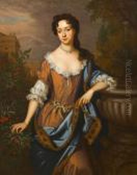Portrait Of A Lady, Said To Be 
Ann Wodehouse, Three-quarter-length, In A Brown Silk Dress With A White 
Underdress And A Blue And Gold Wrap Standing Beside A Stone Urn Before A
 Palace Oil Painting by William Wissing or Wissmig