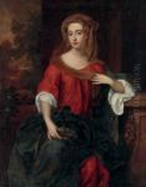Portrait Of A Lady, 
Three-quarter Length, In A Red Dress And Blue Robe, A Landscape Beyond Oil Painting by William Wissing or Wissmig
