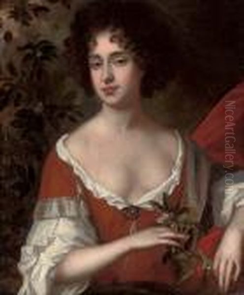Portrait Of A Lady, Half-length,
 In A Red Dress And White Chemise, Holding Sprigs Of Orange Blossom, In A
 Landscape Oil Painting by William Wissing or Wissmig