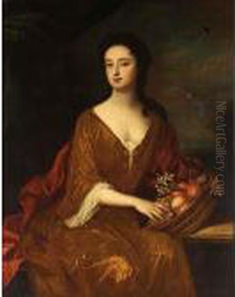 A Portrait Of A Lady, Seated 
Three-quarter Length, Wearing A Red Dress And White Blouse, Holding A 
Basket With Various Fruits Oil Painting by William Wissing or Wissmig