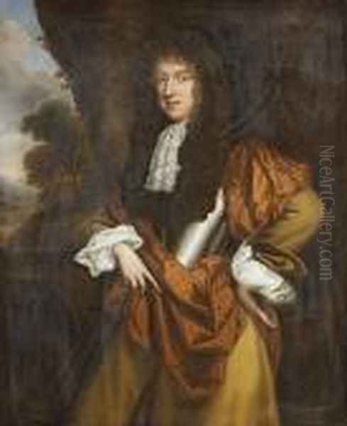 Portrait Of A Gentleman, 
Standing Three-quarter-length, In A Breast Plate, A Buff Coat, A Jabot 
And A Brown Wrap, A View To A Landscape Beyond Oil Painting by William Wissing or Wissmig